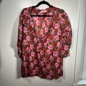 Natural Life Floral Blouse Women Sz L/XL Pink Red Boho Peasant Top